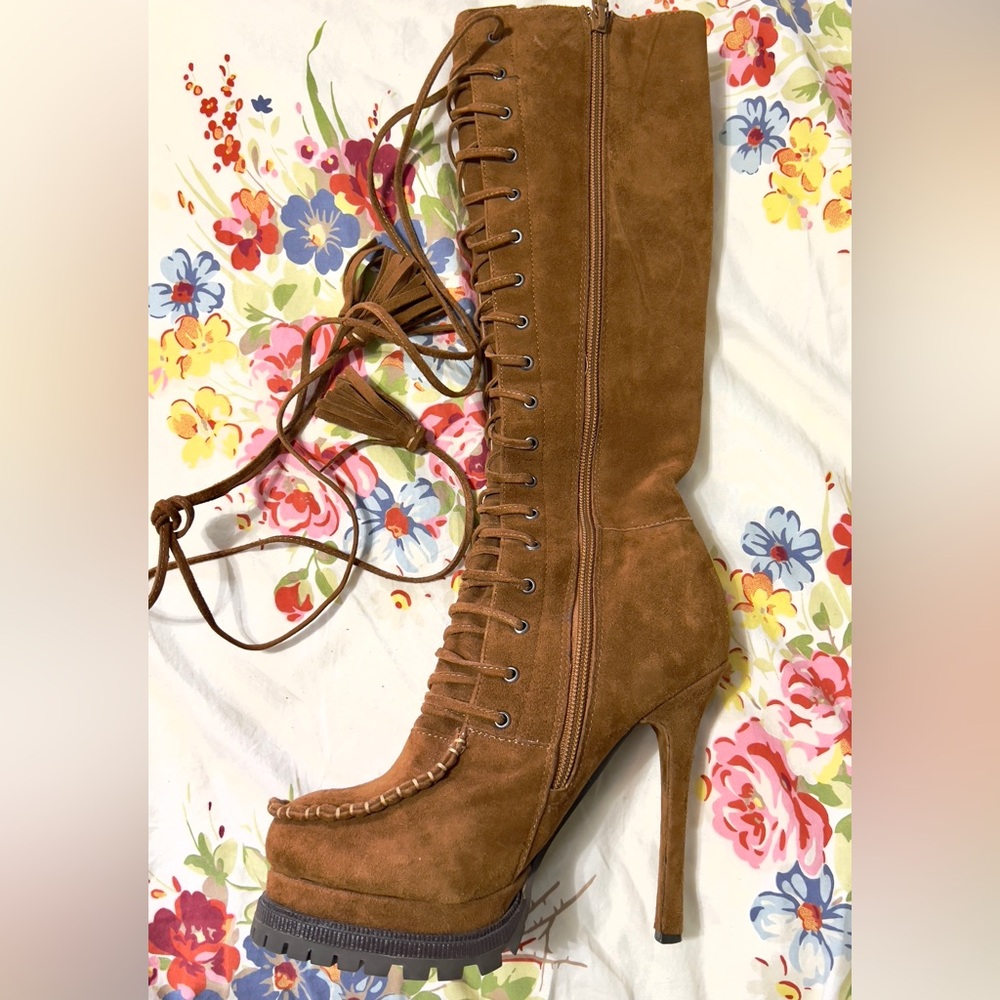 Charles Jourdan Womens sz.7.5 High Heel Knee Height Leather Suede Lace-up Boots - Picture 2 of 4